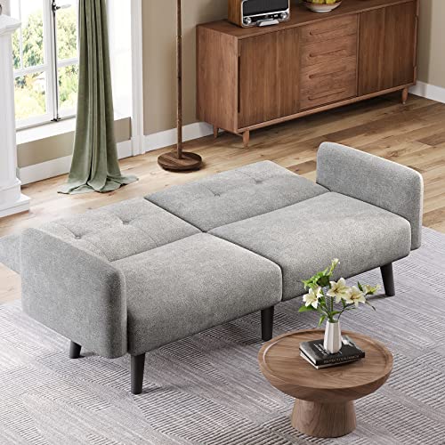 Koorlian Futon Sofa Bed, Convertible Sleeper Sofa with Armrest… (Light Grey)