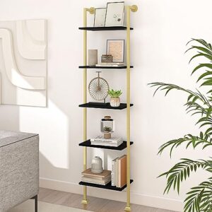 axeman 5-tier ladder bookcase, tall narrow bookshelf for small spaces, modern book storage organizer case open shelves for bedroom, living room, office, library, gold metal frame and black shelf