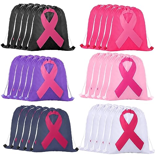 Silkfly 30 Pcs Breast Cancer Awareness Drawstring Bags Bulk Pink Ribbon Drawstring Backpack Draw String Storage Bags for Yoga Swimming Gym Sport Party Gift Supplies