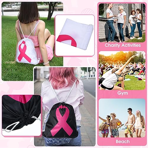 Silkfly 30 Pcs Breast Cancer Awareness Drawstring Bags Bulk Pink Ribbon Drawstring Backpack Draw String Storage Bags for Yoga Swimming Gym Sport Party Gift Supplies