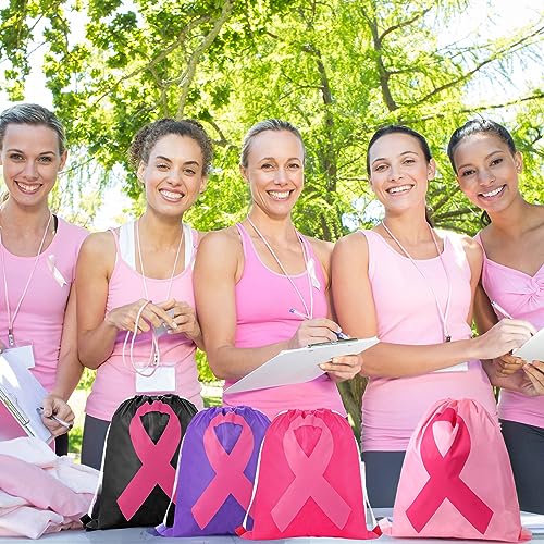 Silkfly 30 Pcs Breast Cancer Awareness Drawstring Bags Bulk Pink Ribbon Drawstring Backpack Draw String Storage Bags for Yoga Swimming Gym Sport Party Gift Supplies