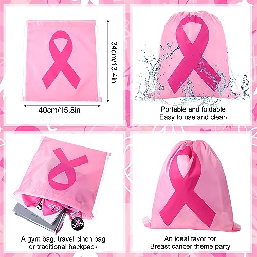 Silkfly 30 Pcs Breast Cancer Awareness Drawstring Bags Bulk Pink Ribbon Drawstring Backpack Draw String Storage Bags for Yoga Swimming Gym Sport Party Gift Supplies