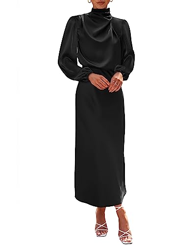 BTFBM Women's Mock Neck Satin Dress Elegant Long Sleeve Elastic High Waist Formal Wedding Cocktail Party Maxi Dresses(Solid Black, Medium)