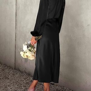 BTFBM Women's Mock Neck Satin Dress Elegant Long Sleeve Elastic High Waist Formal Wedding Cocktail Party Maxi Dresses(Solid Black, Medium)