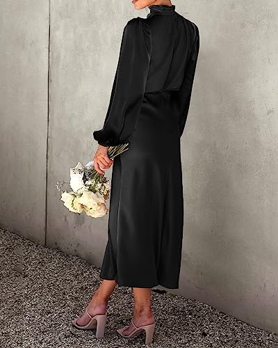 BTFBM Women's Mock Neck Satin Dress Elegant Long Sleeve Elastic High Waist Formal Wedding Cocktail Party Maxi Dresses(Solid Black, Medium)