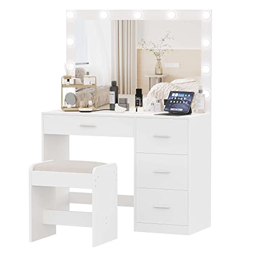 Irontar Makeup Vanity Table with Large Mirror, Vanity Desk with Chair and 11 LED Lights, Makeup Table with 4 Metal Sliding Drawers, Bedroom Vanity Table Set with Stool for Girls, Women, White WDT002WD