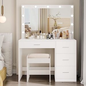irontar makeup vanity table with large mirror, vanity desk with chair and 11 led lights, makeup table with 4 metal sliding drawers, bedroom vanity table set with stool for girls, women, white wdt002wd