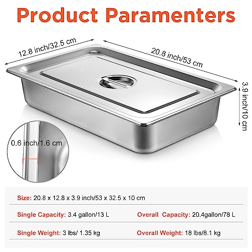 Dandat 6 Pack Full Size Steam Table Pans Deep Hotel Pan with Lid Thick Stainless Steel Pans Restaurant Commercial Trays Steam Food Containers for Chafing Dish Buffet, 20.8 x 12.8 x 3.9 Inch