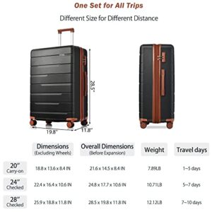 Merax 3 Pcs Expandable ABS Hardshell Luggage Sets with Spinner Wheel Suitcase TSA Lock Suit Case, Black/Brown, (20/24/28)