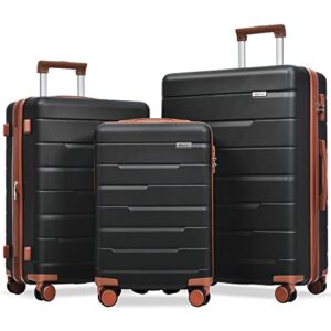 merax 3 pcs expandable abs hardshell luggage sets with spinner wheel suitcase tsa lock suit case, black/brown, (20/24/28)