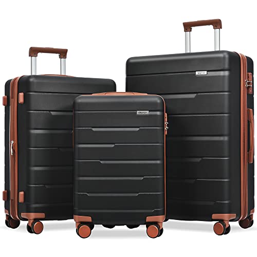 Merax 3 Pcs Expandable ABS Hardshell Luggage Sets with Spinner Wheel Suitcase TSA Lock Suit Case, Black/Brown, (20/24/28)