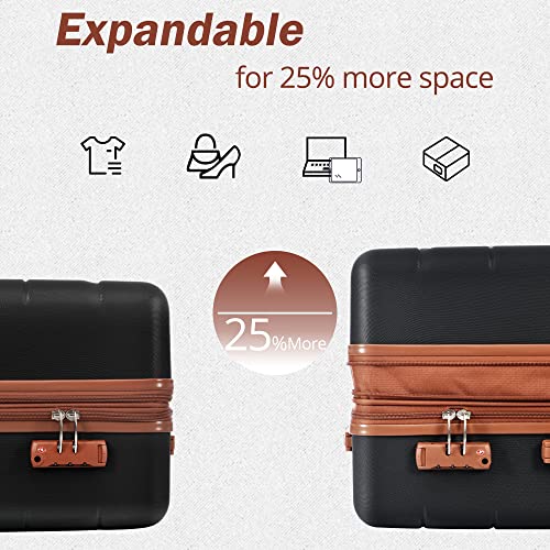 Merax 3 Pcs Expandable ABS Hardshell Luggage Sets with Spinner Wheel Suitcase TSA Lock Suit Case, Black/Brown, (20/24/28)