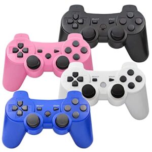 zeion ps3 controller wireless, gaming remote joystick for play 3 with charger cable cord (black, pink, white, blue)