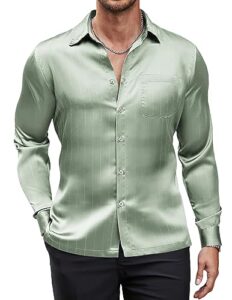 coofandy button down shirts for men satin silk luxury long sleeve shirt party wedding prom (light green, large)