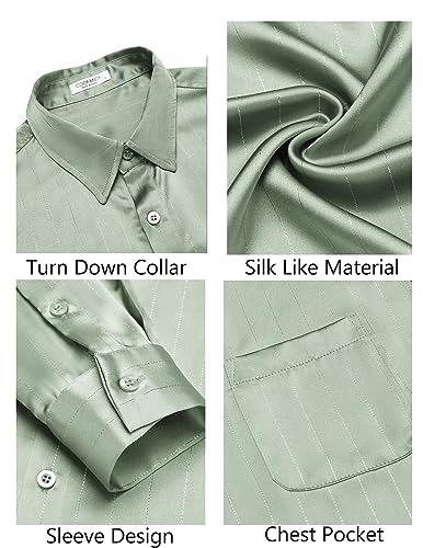 COOFANDY Button Down Shirts for Men Satin Silk Luxury Long Sleeve Shirt Party Wedding Prom (Light Green, Large)