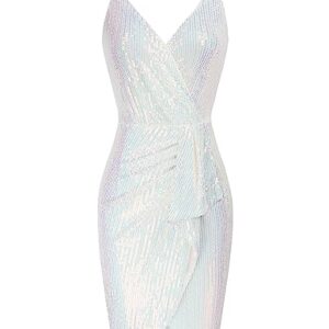 GRACE KARIN Cocktail Dresses for Wedding Guest Wrap V Neck Bodycon Dress White+Rainbow M