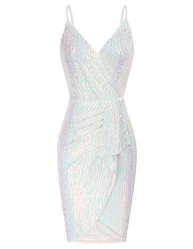 GRACE KARIN Cocktail Dresses for Wedding Guest Wrap V Neck Bodycon Dress White+Rainbow M