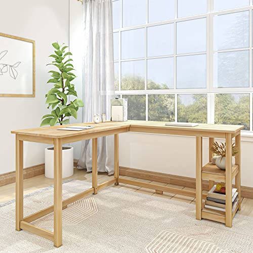 Plank+Beam Solid Wood Corner Desk with Shelves, L-Shaped Desk for Bedroom, Home Office Study Desk, 55.25 Inch