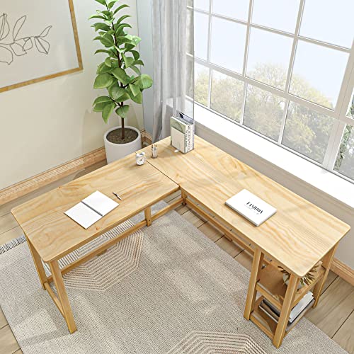 Plank+Beam Solid Wood Corner Desk with Shelves, L-Shaped Desk for Bedroom, Home Office Study Desk, 55.25 Inch