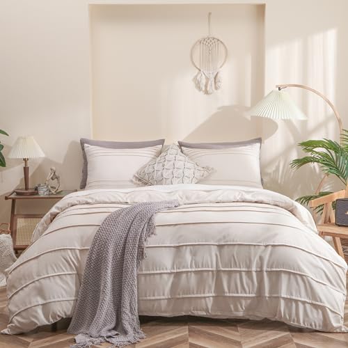 Haowaner Queen Size Duvet Covers, Queen Duvet Cover Set, Boho Duvet Cover Queen Size, 90x90"Comforter Cover Queen Size,Bedding Duvet Covers,Beige Duvet Cover Queen Comforter Cover,Textured Duvet Cover