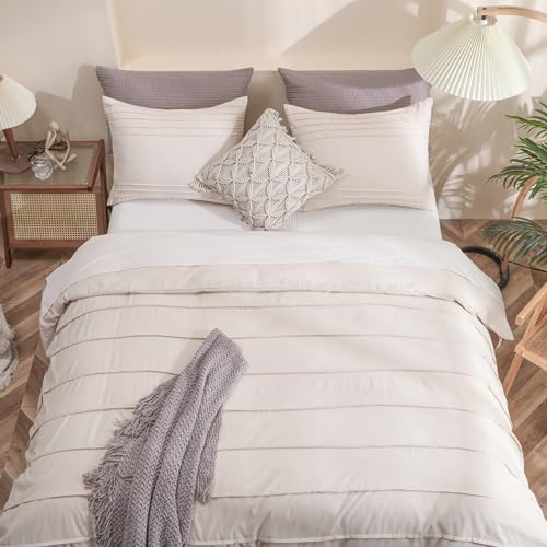 Haowaner Queen Size Duvet Covers, Queen Duvet Cover Set, Boho Duvet Cover Queen Size, 90x90"Comforter Cover Queen Size,Bedding Duvet Covers,Beige Duvet Cover Queen Comforter Cover,Textured Duvet Cover