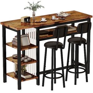 recaceik bar dining table set, modern bar table and stools for 2, kitchen counter height dining table set with 4 storage shelves, pu upholstered stools breakfast nook set pub table with backrest