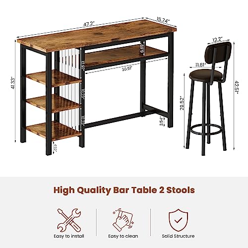 Recaceik Bar Dining Table Set, Modern Bar Table and Stools for 2, Kitchen Counter Height Dining Table Set with 4 Storage Shelves, PU Upholstered Stools Breakfast Nook Set Pub Table with Backrest