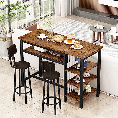 Recaceik Bar Dining Table Set, Modern Bar Table and Stools for 2, Kitchen Counter Height Dining Table Set with 4 Storage Shelves, PU Upholstered Stools Breakfast Nook Set Pub Table with Backrest