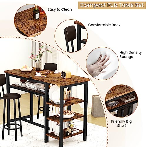 Recaceik Bar Dining Table Set, Modern Bar Table and Stools for 2, Kitchen Counter Height Dining Table Set with 4 Storage Shelves, PU Upholstered Stools Breakfast Nook Set Pub Table with Backrest