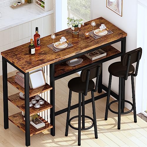 Recaceik Bar Dining Table Set, Modern Bar Table and Stools for 2, Kitchen Counter Height Dining Table Set with 4 Storage Shelves, PU Upholstered Stools Breakfast Nook Set Pub Table with Backrest