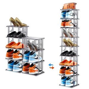starogegc 9 tier tall shoe rack storage organizer for narrow stckable, multiple tier diy shoe shelf for entryway, corner shoe organizer, vertial shoe rack for small spaces(gray&clear)