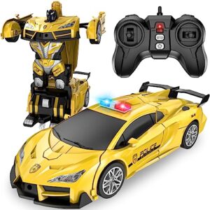 lnnkine remote control car, transform robot rc cars, 2.4ghz transforming police car toy with led light, one-button deformation and 360° rotating drifting, toys for 5+ year old boys/girls