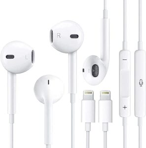 2 pack apple earbuds for iphone,wired headphones with lightning connector【apple mfi certified】noise isolating earphones for iphone 14/14 pro/13/12/11/xr/xs/x/8/7 (built-in microphone & volume control)