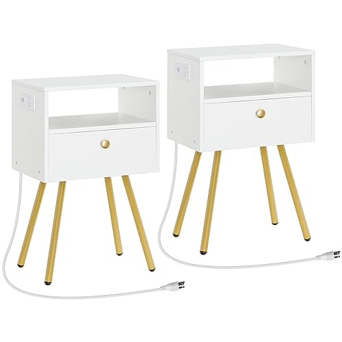 HOOBRO Nightstand with Charging Station, End Table with USB Ports and Outlet, Side Table for Tight Spaces, Solid and Stable, for Office, Bedroom, Study, White and Gold DW88UBZP201