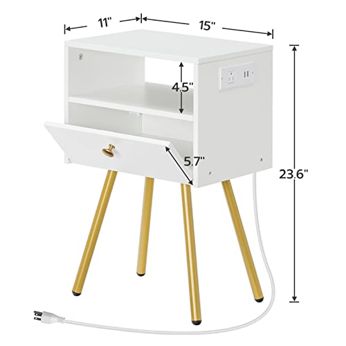 HOOBRO Nightstand with Charging Station, End Table with USB Ports and Outlet, Side Table for Tight Spaces, Solid and Stable, for Office, Bedroom, Study, White and Gold DW88UBZP201