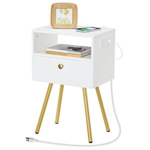 HOOBRO Nightstand with Charging Station, End Table with USB Ports and Outlet, Side Table for Tight Spaces, Solid and Stable, for Office, Bedroom, Study, White and Gold DW88UBZP201