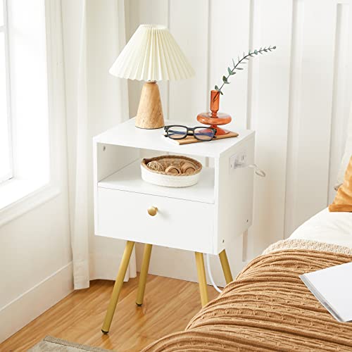 HOOBRO Nightstand with Charging Station, End Table with USB Ports and Outlet, Side Table for Tight Spaces, Solid and Stable, for Office, Bedroom, Study, White and Gold DW88UBZP201