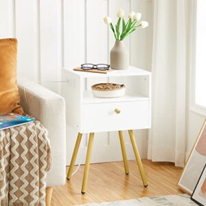 HOOBRO Nightstand with Charging Station, End Table with USB Ports and Outlet, Side Table for Tight Spaces, Solid and Stable, for Office, Bedroom, Study, White and Gold DW88UBZP201