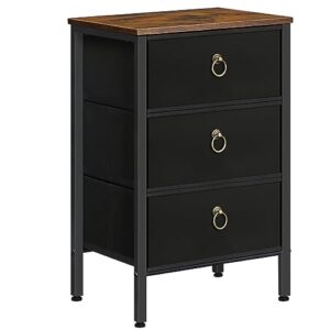 hoobro nightstand, 3-drawer end table, side table with fabric drawers, sofa side table, metal frame, large storage, for bedroom, study, office, large storage, rustic brown and black bf59bz01