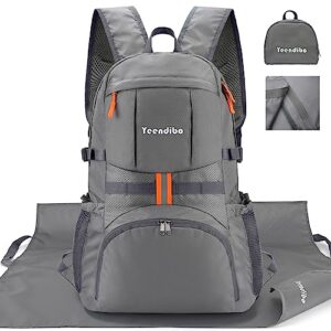 yeendibo 33l hiking backpack with portable-rest station for camping/travel/outdoors, versatile & lightweight foldable daypack for men/women (grey, non-waterproof)