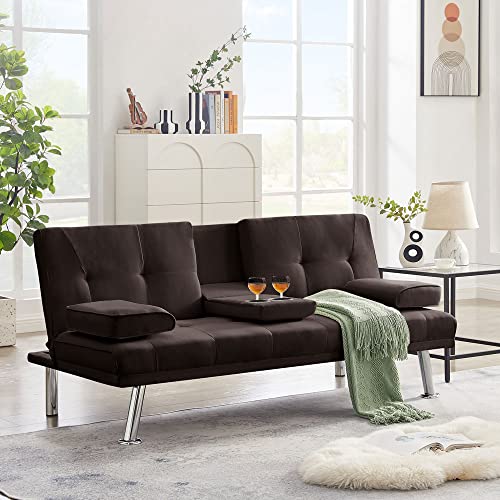 Yone jx je Convertible Folding Futon Sofa Bed,PU Leather Upholstered Modern Couch Loveseat Sleeper, Folding Daybed Guest Bed, Removable Armrests, 2 Cup Holders, Metal Legs (Brown)