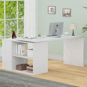 HSH White L Shaped Desk with Drawers Shelves, Corner Home Office Desk L Shape with Storage Cabinet, Large Wood Computer Desk for PC Executive Work Writing Study, Modern Living Room Bedroom Table,60 In