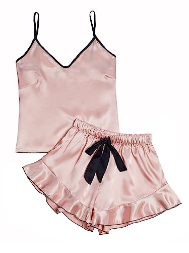 LYANER Women's Satin Silk 2pcs Set Pajamas V Neck Cami Top With Self Tie Shorts Pj Sst Sleepwear Dusty Pink Medium