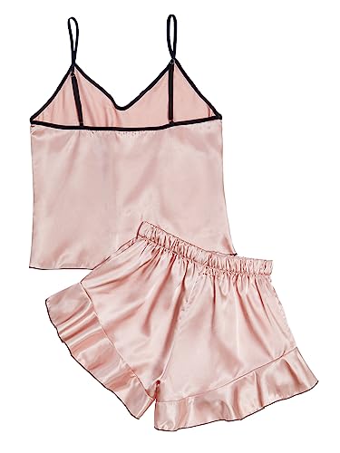LYANER Women's Satin Silk 2pcs Set Pajamas V Neck Cami Top With Self Tie Shorts Pj Sst Sleepwear Dusty Pink Medium