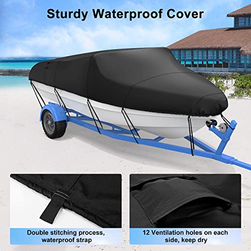 Vigorvan Heavy Duty 600D Marine Grade Boat Cover, 20'-22' Trailerable Waterproof Boat Covers, Anti-UV & Windproof Boat Cover Fits V-Hull, Tri-Hull, Fishing Boat, Runabout, Bass Boat, Ski Boat, Black