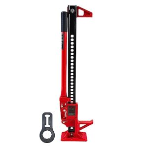 aokuelec heavy duty farm jack 33 inch, high lift ratcheting off road utility jack with wide base, cast and steel, stand 6000 lbs/3 tons capacity red