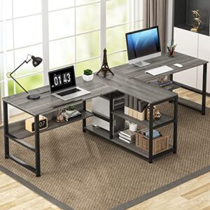 tribesigns 94.5 inch two person desk with storage shelves and tiltable tabletop, double computer desk with printer shelf, extra long double workstation desk study table for home office (grey)