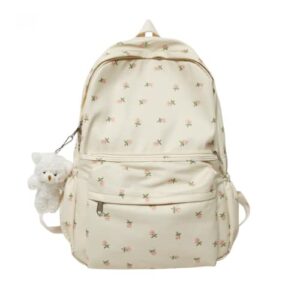 mininai cute preppy backpack with pendant floral printed patchwork backpack cottagecore aesthetic bag kawaii laptop backpack (one size,white)
