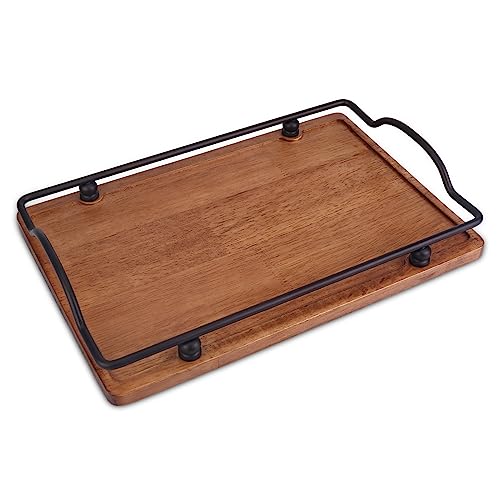 IEBIYO Wooden Serving Tray Vintage Ottoman Tray Premium Rustic Decorative Tray with Black Metal Handles Wooden Kitchen Tray for Living Room Party Breakfast Picnic Bar (13.5x8.8x2.36 inches)