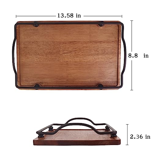 IEBIYO Wooden Serving Tray Vintage Ottoman Tray Premium Rustic Decorative Tray with Black Metal Handles Wooden Kitchen Tray for Living Room Party Breakfast Picnic Bar (13.5x8.8x2.36 inches)
